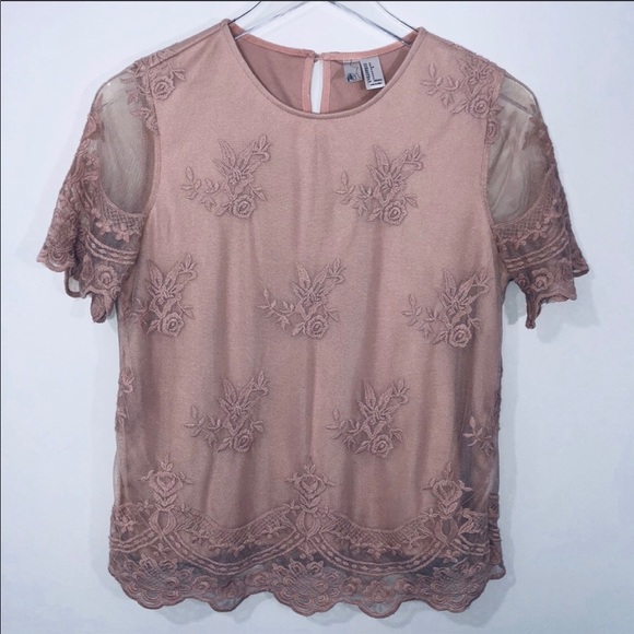 Forever 21 Tops - Lace Overlay Short Sleeve Top Blouse Tan Mauve